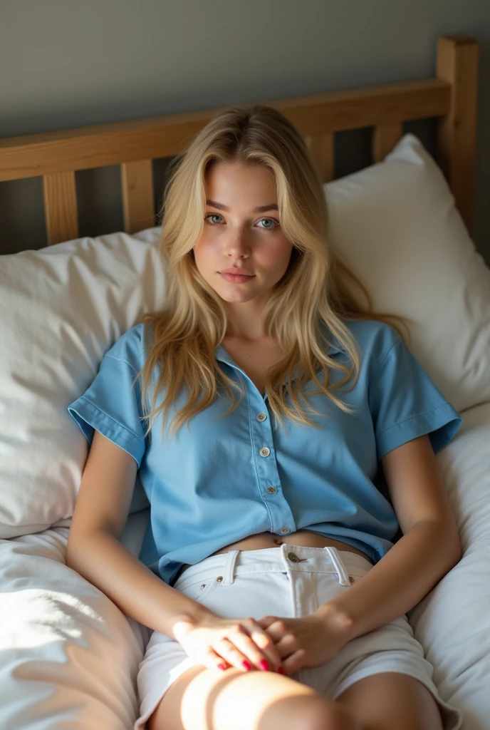 {
Full body picture of a beautiful teenage girl, Elena (13), lying on her bed in a dimly lit bedroom, lost in thought,
camera_angle: {Full body, side view, focusing on Elena},
outfit: {Casual pajamas},
physical_description: {Elena: Slim body, long blonde hair, blue eyes, fair skin, youthful face with a contemplative expression},
pose: {Elena lying on her bed, looking at the ceiling with a thoughtful expression},
background: {Dimly lit bedroom with a cozy bed, wooden furniture, and soft lighting}
}