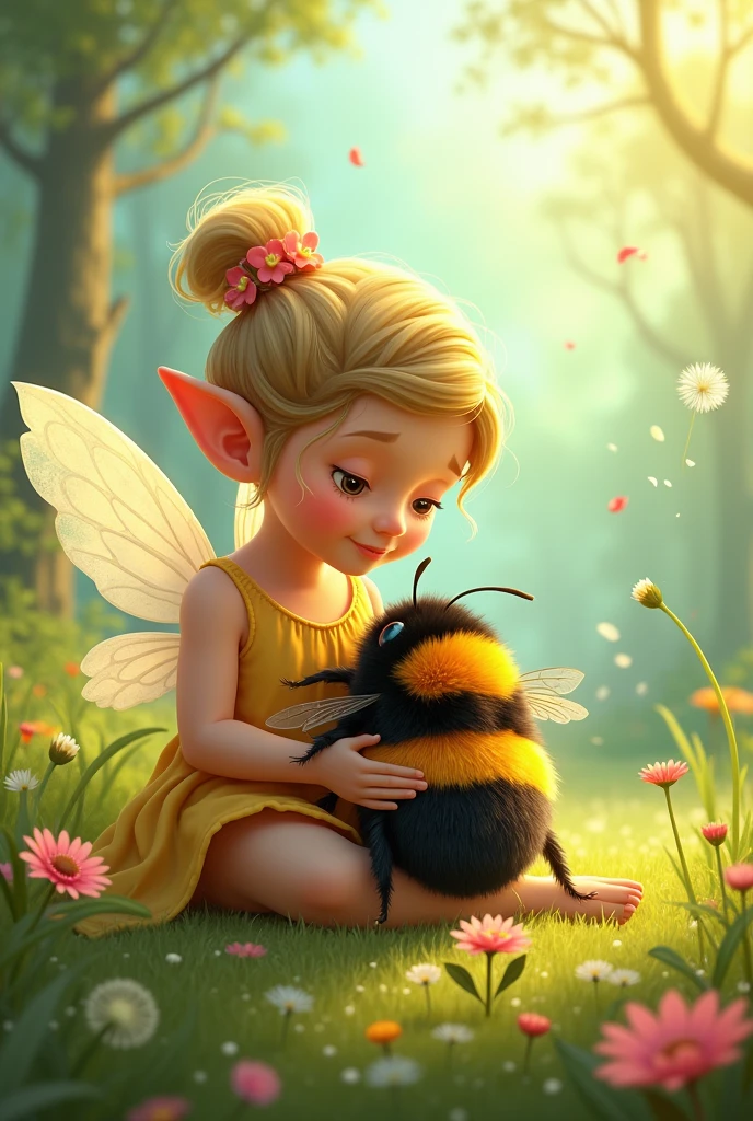 A delightful scene in a vibrant meadow, where a tiny, winged fairy with a glowing aura is intently working alongside a busy bee. The fairy, with her delicate, translucent wings fluttering gently, wears a petal-adorned dress that matches the colorful wildflowers surrounding them. Her pointed ears and playful expression convey a sense of wonder and joy as she tenderly holds a dandelion puff, guiding the bee to its nectar-filled center. The bee, with its fuzzy, striped body and buzzing wings, is collecting nectar from the proffered flower under the fairy's watchful gaze. The air is filled with a soft, warm light that casts a gentle glow on the scene, highlighting the intricate details of the fairy's ethereal form and the bee's industrious activity. In the background, a landscape of rolling hills and a serene blue sky stretches out, creating a tranquil backdrop for this whimsical moment of cooperation between two magical beings of nature. Each blade of grass and petal seems to dance with life, emphasizing the harmony and friendship shared between the fairy and the bee as they contribute to the cycle of growth and sustenance in the enchanted garden.