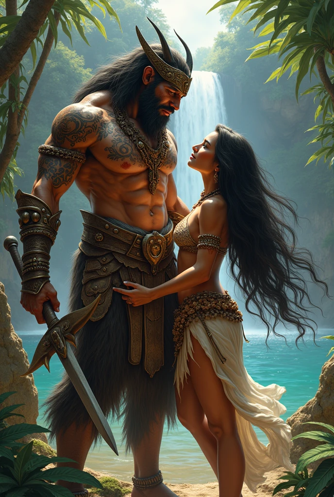 A surreal and ethereal landscape of the Greek God Hades, tall and imposing, seductive and manly, with long black hair and beautiful perfect face, strong and perfect body, and the Greek goddess Persephone with blonde hair and the perfect face, while they are both in a dreamlike embrace in the depths of the underworld, detailed rendering of every detail,  Detailed rendering of the face, realistic and perfect rendering, high resolution, 8K.