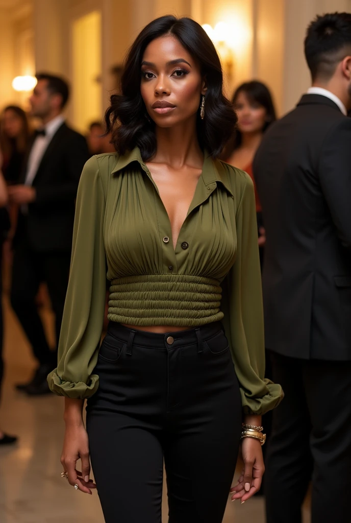 A girl with hair up to a little above her waist, a long black skirt and a pink steed. A little dark-skinned and about 14 years old with a glass of citron in her right hand and a cigar in her left hand. He is around a group of people all dressed in red with long skirts or pants., some dressed in black.  