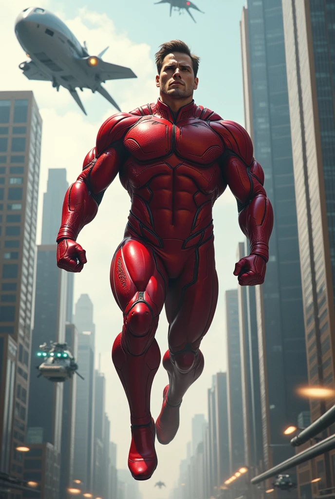 arafed man in a red and black wet suit standing in a street, huge glistening muscles, rubberhose style, superhero body, exaggerated muscle physique, rubbery-looking body, rubbery - looking body, rubber suit, muscular male hero, hard rubber chest, bulging muscles, exaggerated muscles, sci - fi armour! muscular