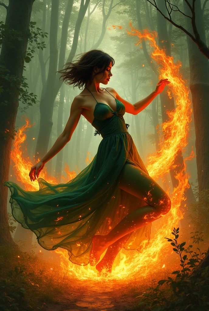 A fire sprite (cute woman, patches of flame dance on her skin, sheer flaming dress very revealing, light red skin, deep red eyes, flame hair), seductive graceful dance, setting woods aflame

