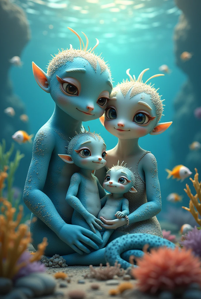 Generate an ultra-photorealistic image of three alien girls emerging from the sea, with the water reaching no higher than their ankles. The one in the middle is the mother, and the two behind her are her daughters who appear to be three years younger than her. Although they are adults by their race's standards, the mother appears to be by human comparison, and the daughters appear to be 13 years oldsmooth, slightly luminescent, pearly white skin with blue highlights and a human-like texture. Their eyes are larger than human eyes and have unusual colors, such as violet or emerald green. They have long, flowing hair that moves naturally with their stride. Their facial features are human-like and they are beautiful. As aliens, they breathe through their skin like amphibians. They are covered with a very thin, almost invisible fabric that reveals their skin and gender characteristics. The beach scene includes clear blue water, white sand, and bright sunlight. The overall scene should convey a sense of serenity and wonder. Render the image in 4K ultra-photorealistic detail.