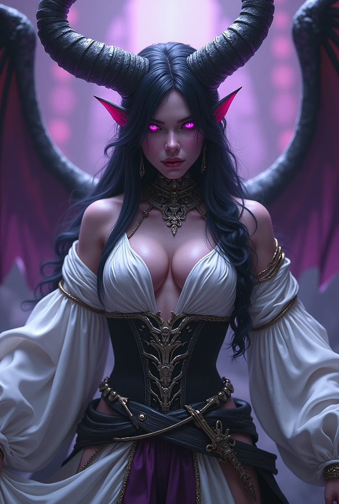 a succubus with straight black hair, cold look, white skin, (goddess-like), detailed face, piercing eyes, full lips, beautiful intricate dress, dramatic pose, fantasy, dark moody atmosphere, dramatic lighting, cinematic, digital painting, highly detailed, 8k, photorealistic