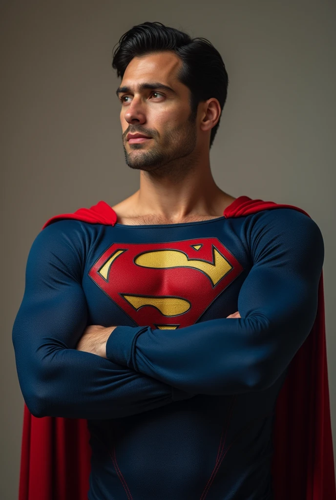 Caim e Abel 1 man full body fully shaven black hair blue eyes huge muscular 13 big thick penis large testicles greeting the viewer superman costume  age 45 morning