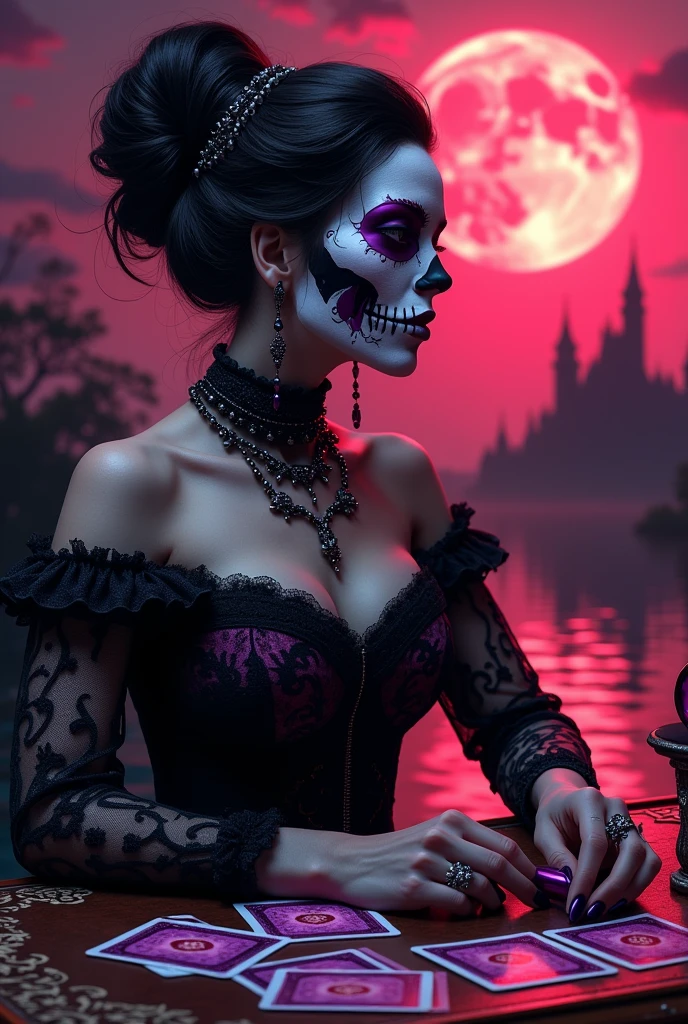Create an elegant and mysterious cover art featuring a powerful woman in a nighttime cemetery. Her face is either half a skull and half rosy and feminine, or adorned with Mexican sugar skull makeup. She holds a glass of wine or champagne, with a cigarette or cigar between her lips. The scene should evoke a spiritual and mystical atmosphere, reflecting the seductive and strong characteristics of Pombagira Rosa Caveira. The overall style should be dark yet sophisticated, with a touch of the supernatural."