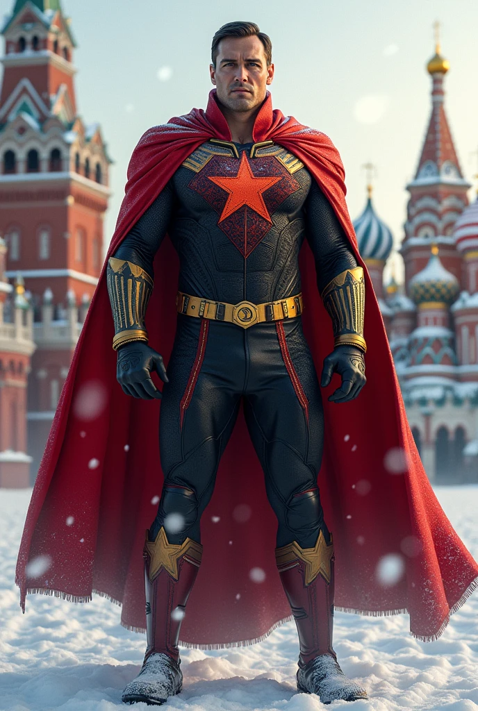 Superhero with nazi style red and black costume with short white hair elegant and masculine metal eagle logo on chest and black and white nazi logo on belt.
