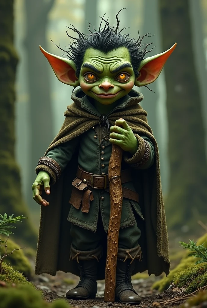 A good goblin who is wearing a black crown, he is a age male, he is 1.06 tall and he is smoking he is green