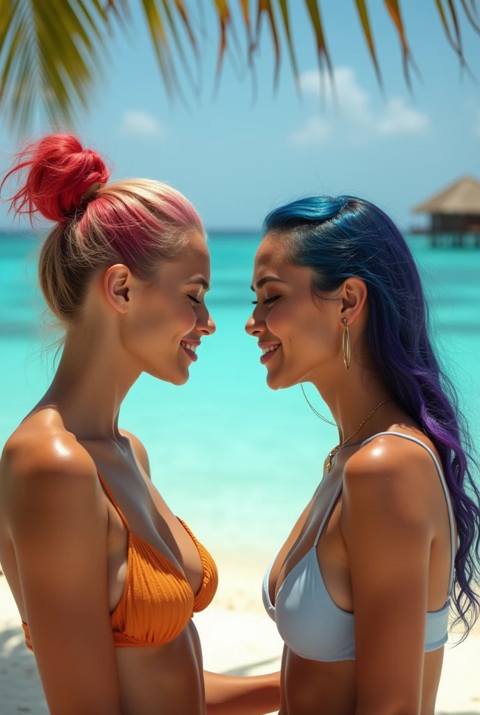nsfw, 2 female idols、lying in a white silk bed (bright white:2), tightly embracing each other, sharing an intensive kiss, the tips of their tongues touch, lipgloss, smiling face, long eyelashes, naked small breasts, shiny very long large earrings,(turquoise blue and light green)、shiny very long large necklace,(turquoise blue and light green)、shiny latex tight mini slip,(turquoise blue and light green)、Colorful hair, (turquoise blue and light green)、conceptual art, High quality, Realistic, extremely detailed CG unified 8k wallpaper, highly detailed, High-definition raw color photos, professional photography, Realistic portrait, Cinematic Light, Beautiful detailed, Super Detail, high details, (((Bokeh))), depth of fields, illumination, Super stylish lighting