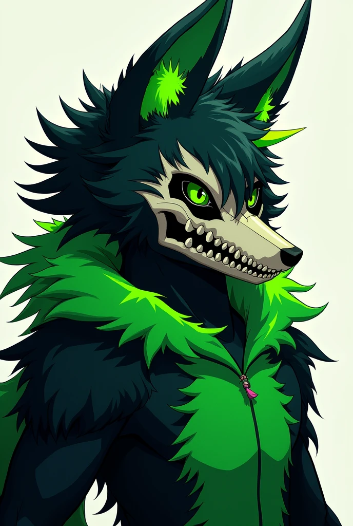 A hulking skull faced wolf creature with black fur, giant pecs, glowing green eyes