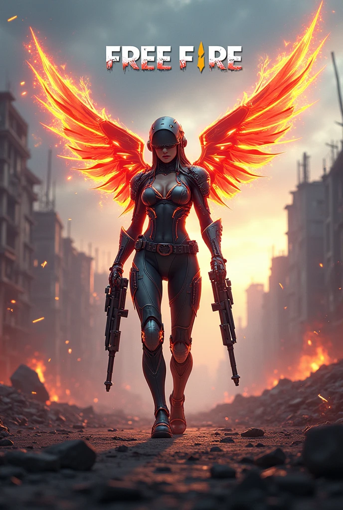 Female fighter with a gun in a war with a Phoenix behind her