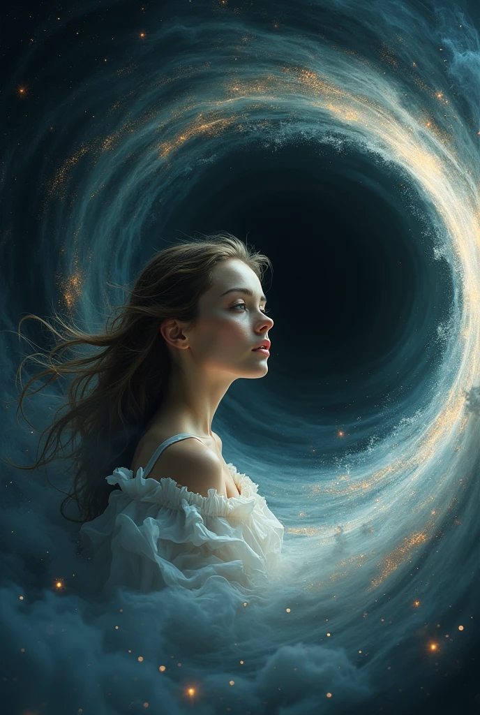 a woman being sucked into a black hole, beautiful detailed face and body, extreme stretching, dramatic expression, powerful swirling black hole vortex, glowing event horizon, cosmic energy, cinematic lighting, dark moody atmosphere, highly detailed, photorealistic, dramatic, sci-fi, masterpiece