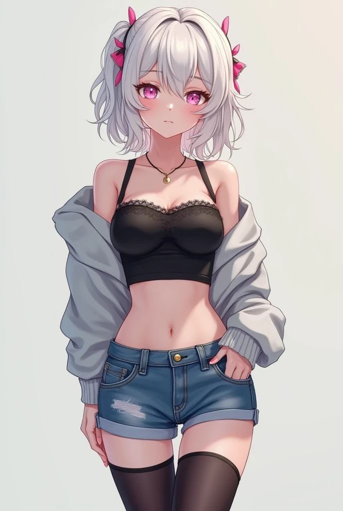 White hair. Short hair. Inner pink hair. Anime girl. Pink eyes. Glowing eyes. Nekomimi. Smiling. Tanktop. Armpit. Coat.