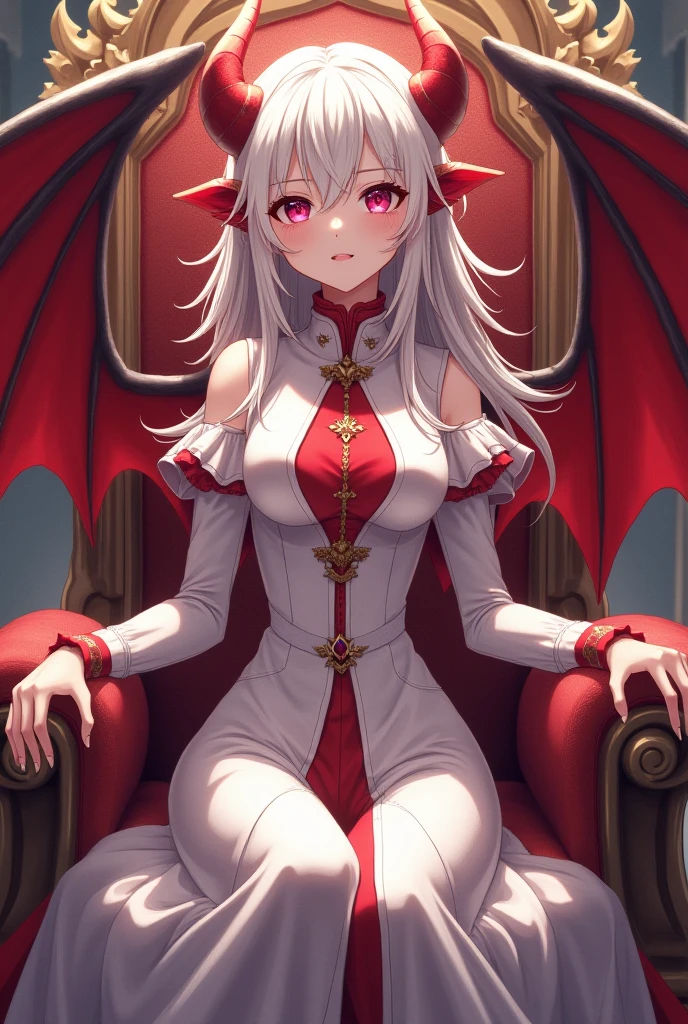 A girl with big dragon horns on her head，Long white hair，red color eyes，Erotic white lace lingerie，crosses，Fighting posture，divino，highest  quality，exposing her chest，Miniskirt，Gorgeous church background with extreme details，spread their legs，White thongs lace panties are exposed