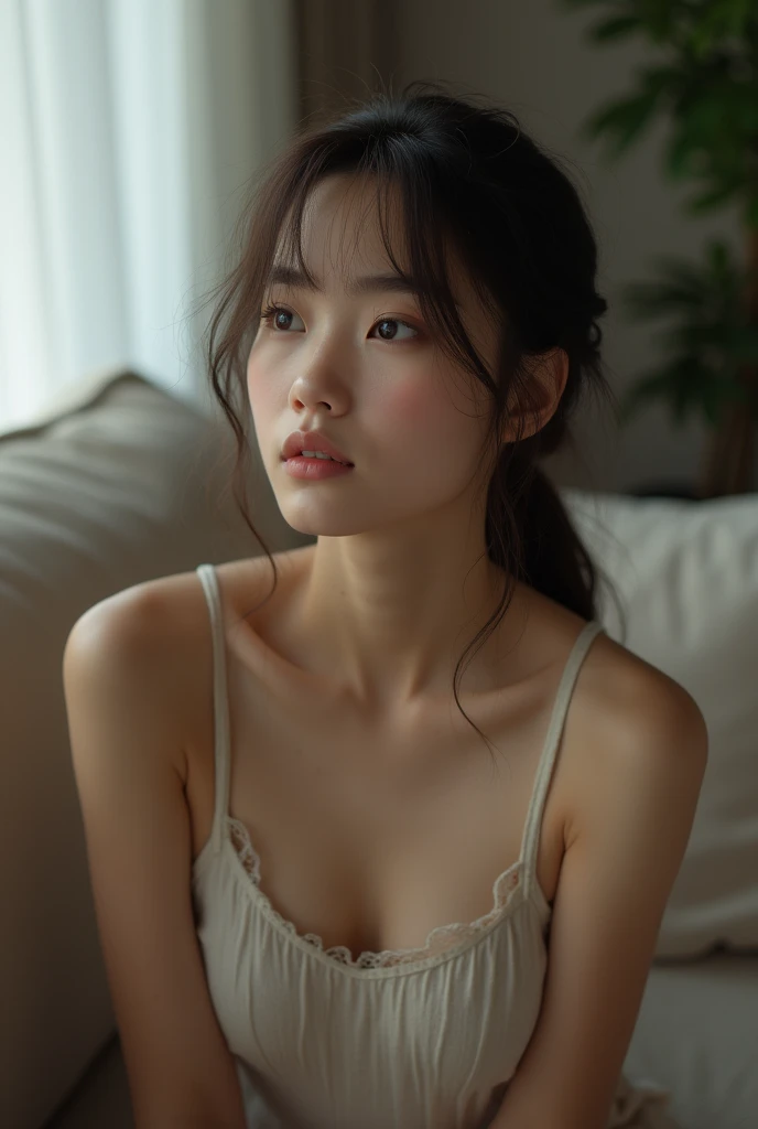 8yk、Raw photo、(masuter piece)、(finely best quality)、Hi-Res、(girl)、(realisitic、Hphotorealistic:1.2), Upper body、Red camisole、Facing up、skinny、14years、small tits、Eyes closed、Deep sadness、Sorrow、look up sky、Open mouth、screeming、a room、Background blur