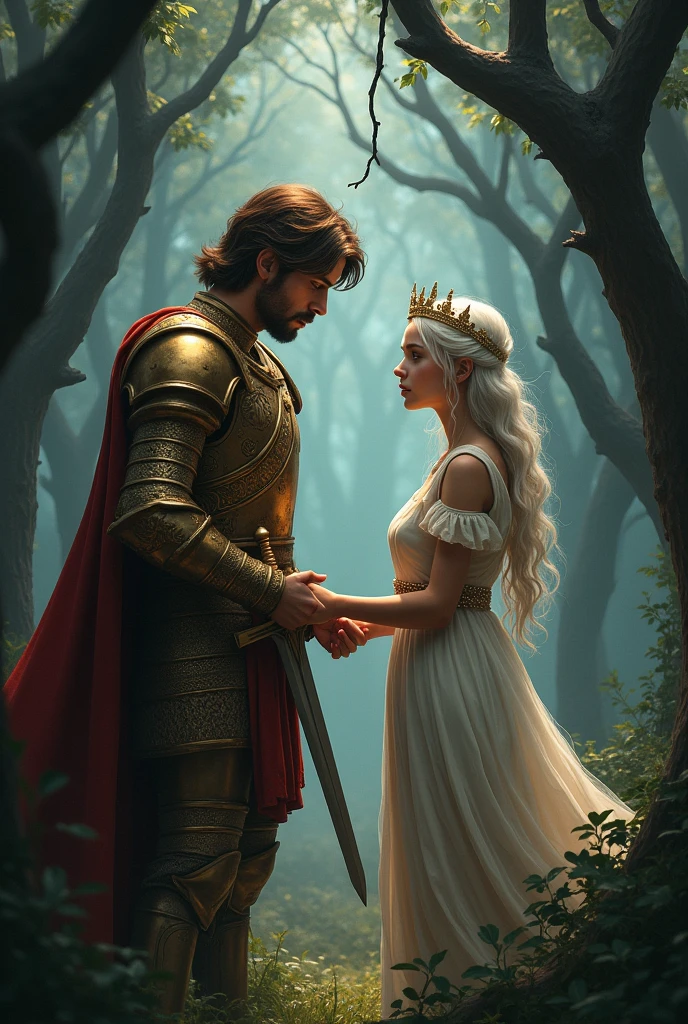 A knight kneeling before his princess