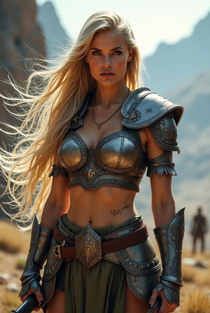 Slava is a beautiful female warrior, dirty blonde hair, in the style Simon Bisley, skimpy chain mail, high detail face, high detail skin, slim muscular body, Heavy Metal aesthetic, battlefield background, high quality, masterpiece, realistic photo, intricately detailed, 8k, HDR lighting, shallow depth of field, wide light, high contrast, backlight, light flares, sharp focus, RAW color photo, looking at the camera, cool colors, erotic pose, fierce