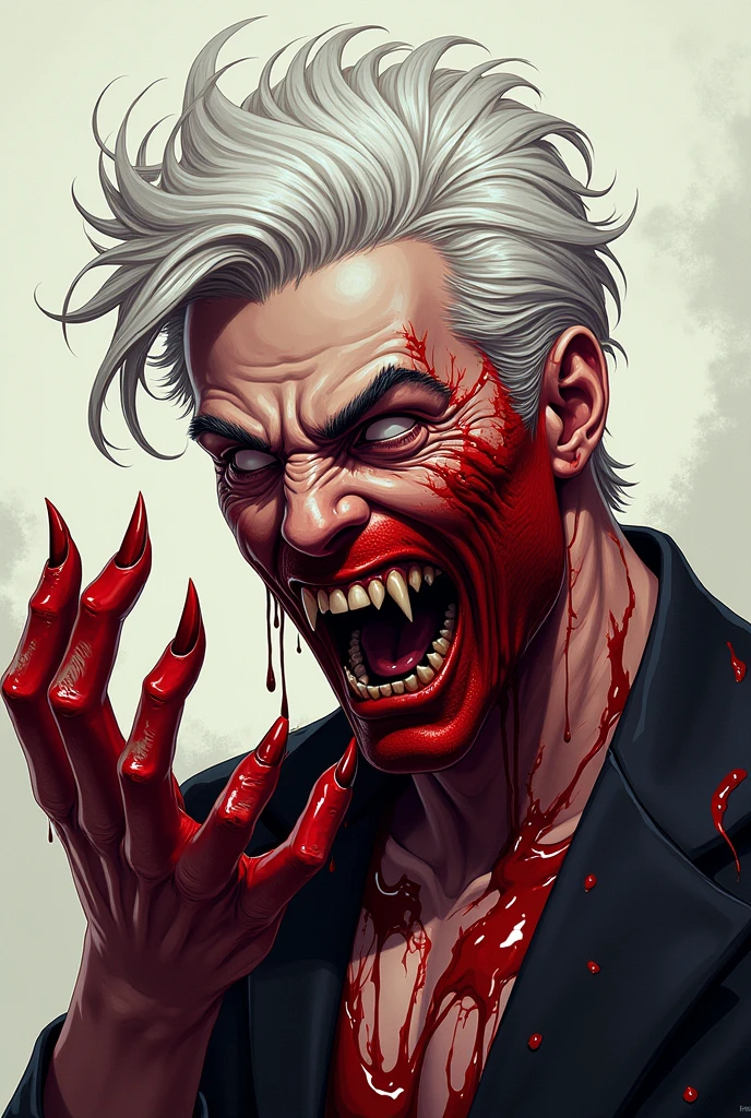 Blood criminal count dracula man character with black hair cartoon image of a cartoon style illustration, estilo de arte dos desenhos animados, estilo de arte dos desenhos animados, open mouth with vampire teeth stained with criminal blood Digital illustration style, design de personagens altamente detalhado, arte digital detalhada fofa, trevas e sangue, Design de personagens de retrato, beautiful digital illustration, retrato de alta qualidade, Art on a white background stained with criminal blood Count Dracula