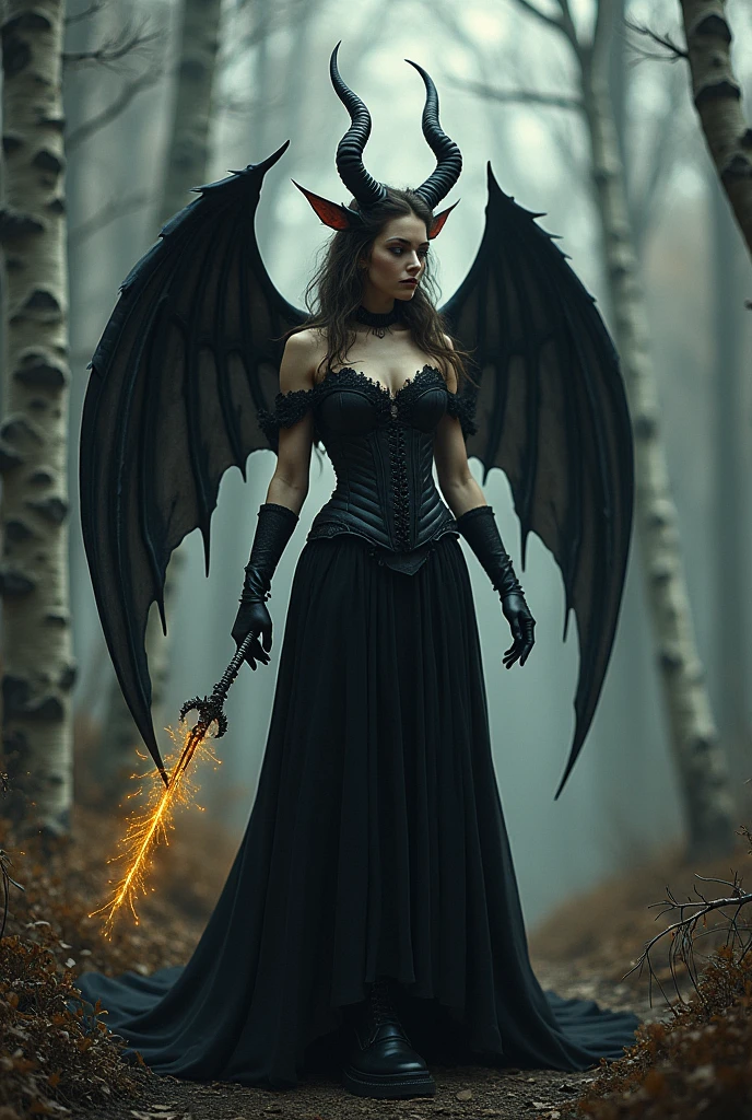 (a mechanical demon woman holding a scythe bigger than her body and pointing the blade at the camera:2.0), intricate robotic arms, intricate robotic legs, intricate mechanical body, intricate gears, wolf-like fangs, bull-like horns, large bat-like wings, a devil's tail, beautiful glowing red eyes, a black sheer dress, a beautiful and detailed face, an ideal figure, large breasts, a tiny waist, in the background a gothic castle surrounded by a moonlit forest, shots of cowboys,