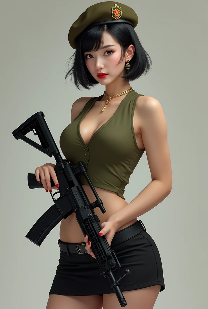 A beautiful nun、Wear a wimple:1.4、Except for lingerie:1.3、Cowboy Shot、Big Breasts、(Skinhead:1.5)、(Aiming the Groza assault rifle at the viewer:1.67)