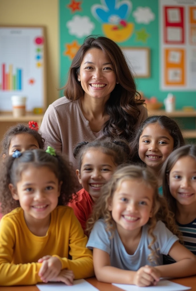 cartoon cheerful teacher hugging preschool kids, kindergarten
