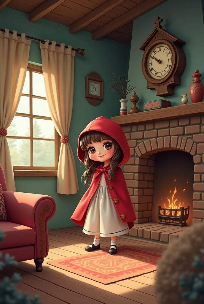 Little Red Riding Hood, fireplace, dining table, steak with blood, candles, red wine