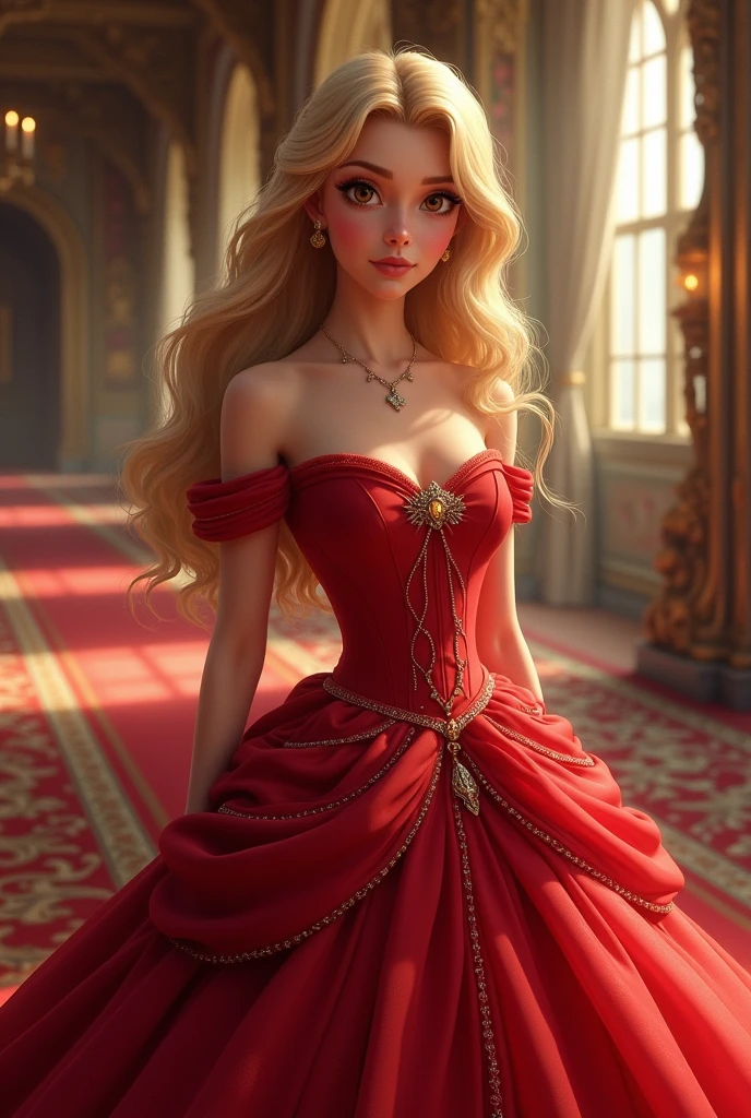 Book drawing of a princess with bronze hair and green eyes receiving a beautiful new red dress inside a castle full body drawing 