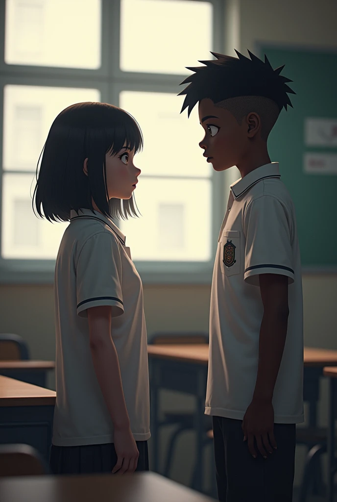 White-skinned girl with short hair and school uniform and dark-skinned boy with black hair and school uniform . with a classroom background .looking at each other