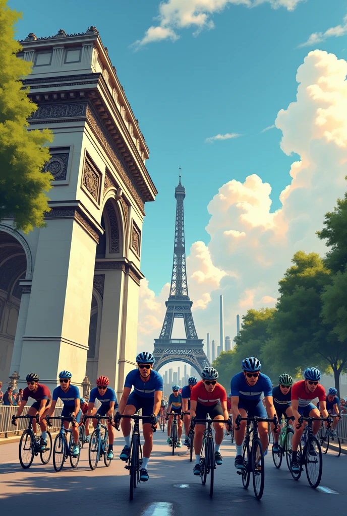 Many road cyclists race in the morning on busy city roads, surrounded by tall buildings, shouting crowds, Tour de France, 9:16 ratio, best quality, Unreal Engine, CG, cinematic effects --auto --s2