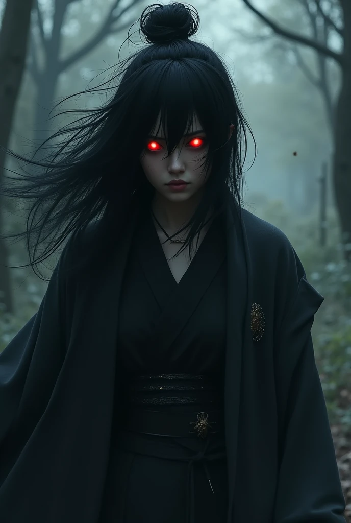 Best quality)), ((masterpiece)), (detailed: 1.4), black dress, dark black hair, black hime cut hair, glowing red eyes, dark background, dark environment, scary, junji ito, juni ito inspired, japanese horror inspired, hands up, fingers spread, grabbing at facer, fingers grabbing at face