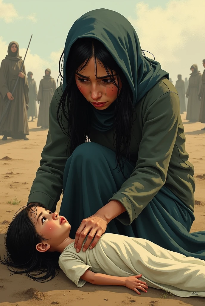 A distraught woman in sorrowful tears, carrying the dead body of her child, moving through a village. Villagers in the background look on with pity or avoidance, highlighting her grief and desperation.
she is sad and distressed