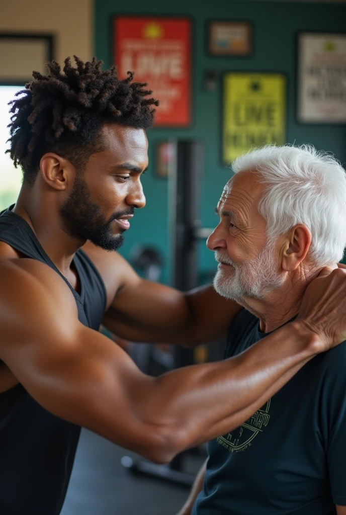 Muscular Albert Einstein congratulates a dark-skinned man on his birthday