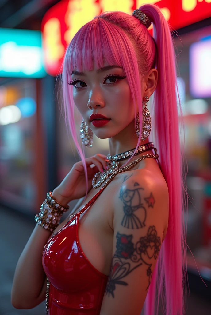 best quality, masterpiece, highres, 1girl, Beautiful face, photorealistic, 8k, UHD, long pink hair, ponytail, arm tattoos, tattooed, toned abs, sweat, Asian, female, muscular biceps, choker, dark skin, sports bra, cleavage, sitting, gym, tight leggings, looking at camera,,(high detailed skin:1.2), 8k uhd, dslr, high quality, candid, Photograph, high resolution, 4k, 8k,