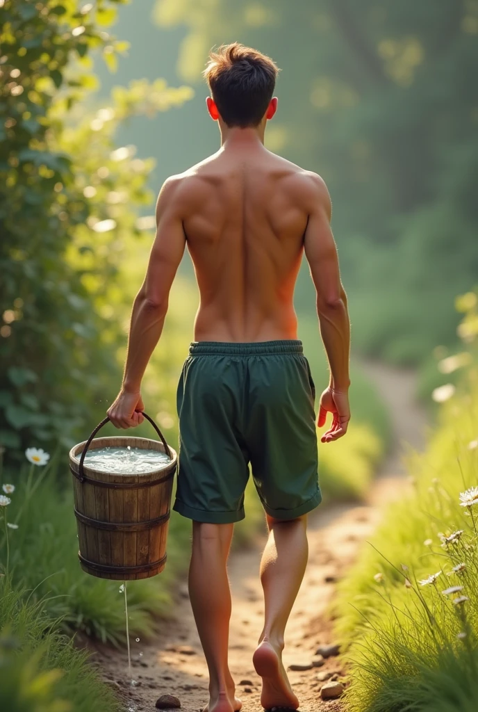 A handsome man naked，No clothes，Sexy washing clothes in the field，He hung the clothes on a rope，A handsome young man looks on 