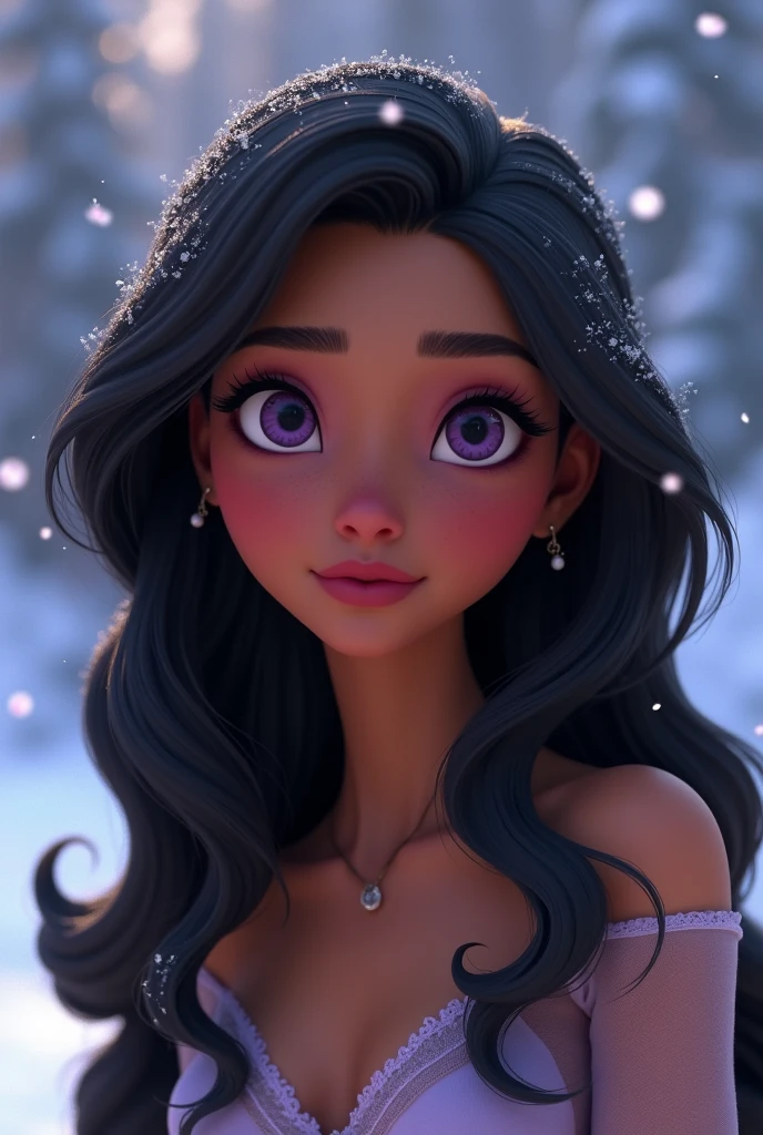 Cinnamon skinned woman,  long black wavy hair , round nose, small purple eyes. thin lips.

In the animation style of Frozen 