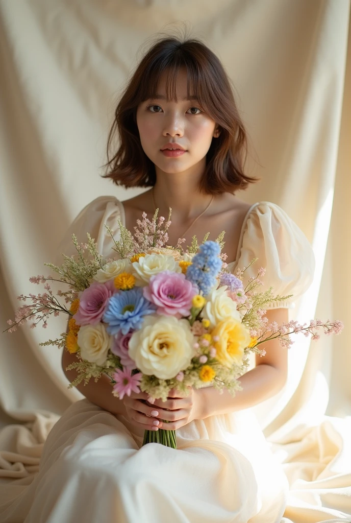 flower bouquet,{{Best Quality}}, {{super detailed}},One girl,Downturned eyes,G Cup Breasts,drooping eyes ,Cute girl with black bob cut hairstyle and white marble glowing skin,11 years old,Cute Girl,Oval face shape ,slender,Detailed portrait of the perfect lovely girl, slim, Face , Futuristic , Teen, kwak ji young, Dreamy, Black eyes, Cinematic lighting, Innocent, Highly detailed, Sharp Focus, Smooth, art stations, Convoluted,Ballet dancer ,awardwinning, Pure aura, Anime, Highly detailed CG Unity 8k wallpaper of girl with perfect symmetrical confident face with black mid-cut hairstyle and blushing cheeks , taken by Canon EOS, Sigma Art Lens 28mm f4, ISO 200 Shutter Speed 2000