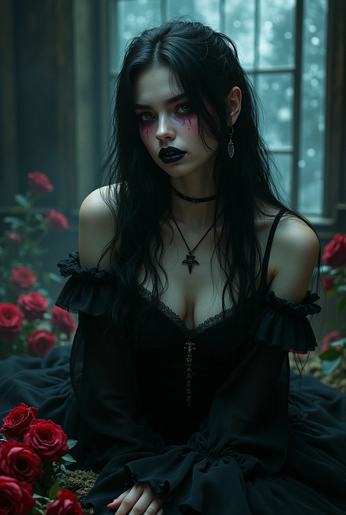 (Goddess of Betrayal:1.4), ((masterpiece:1.4, best quality)),( (photo realistic:1.4)), alluring yet deceptive expression, a sly smile playing on her lips, dressed in a dark, tattered gown that flows like shadows, (hair dark and wild, with streaks of silver:1.2), (piercing, cold eyes that reflect hidden intentions:1.2), a dagger concealed in her hand, surrounded by a faint, ominous aura,(( (background of a stormy night with lightning cutting through the sky:1.2))), (cracked mirrors and withered roses scattered around her:1.2), rich textures, dark and moody colors, (deep blacks:1.2), (((blood reds:1.3))), (faint silver accents:1.2), (dynamic composition with sharp angles and contrasts:1.2), high-quality and detailed, (haunting and intense atmosphere:1.2), enigmatic and mysterious, perfect image quality, symbolizing deceit, treachery, and the dark side of human nature, captivating and chilling presence