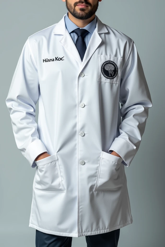 A boy who wears a white coat and black pants and has black hair 