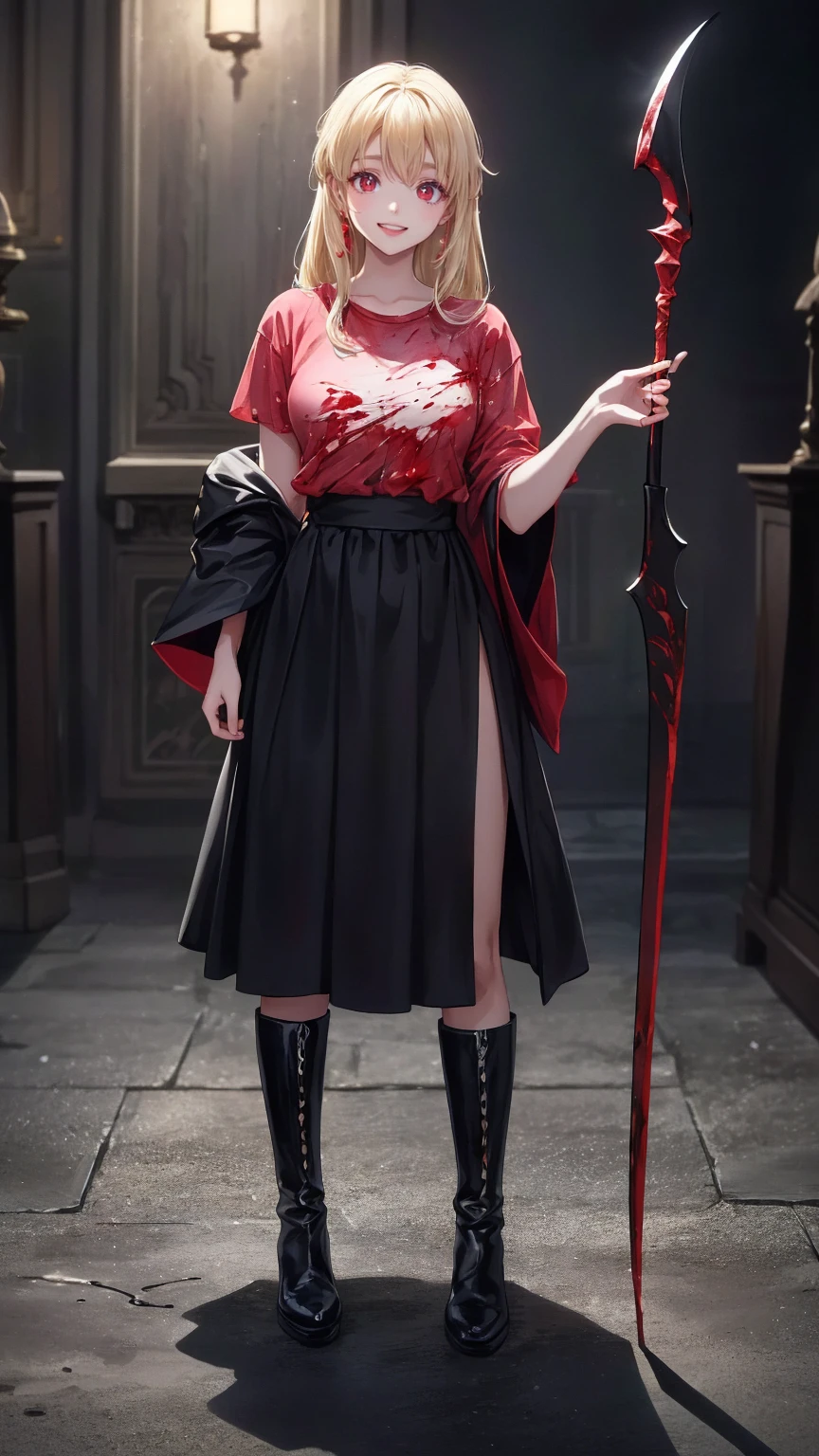 Shadowy Face　、beautiful girl、とてもcute天使、 pink t-shirt 、cute、、smile、 Long Skirt、 BLACK LONG BOOTS 、.(  best quality ,4K, high definition ,  Masterpiece :1.2),  very detailed,Realistic:1.37,  Spooky altar background  ,Dark fantasy,Red Scheme ,Ominous atmosphere,Eye-catching,story,anatomy,Anime Style,  concept art,beautiful細部までこだわった顔と (((red eyes ))),A terrifying ritual ,Satan's Ritual  ,Premature death,Inappropriate behavior, smile ,Scythe Face,Girl Monster, beautiful,  delicate facial features,   sharp eye,  sharp fangs, pale Skin, Dark Background,   movie lights, Dramatic Shadows,  gothic,   Being in a Dark Atmosphere , Dark fantasy, 1 person&#39;S,  please open your mouth wide ,  In the dark atmosphere of 。 open your mouth and peel your fangs  , Beastly Sharp Teeth , Wide lips, Very big mouth,  red cheeks , ,( Blood Splatter :1.4),Scary smile, smile, angel design , TwiSted smile、Bloody、Head bleeding,,,,,、 Blood Splatter 、,( Blood Splatter :1.4), skull bones,devil&#39;s gun,Horror Style, (( Fantasy Sweet Taffle Ruffle Pink Costume)), ((  Flowing blonde hair  )), ,( Blood Splatter :1.4),Female Curves,  sexy flat stomach ,   perfect hand, Perfect anime face, (Pink Tata Dress)),  standing, ((悪のsmile)), ,( Blood Splatter :1.4), Steam circulation, Moonlight Illumination, night lighting, ( Blood Splatter :1.6),アニメ angel design , TwiSted smile、Bloody、Head bleeding,,,,,、 Blood Splatter 、,( Blood Splatter :1.4),  skull bones,Gothic architecture、Western architecture、  fantasy world  、,Victorian city, Skeleton Gas Light, absurd,  high definition 、 ((   table top naked underneath the jacket)), ((  best quality )), (  very detailedな), ((  very detailed)), (beautiful), ((cute)), (NFSW:1.8), Alone,(:1.6)、(world&#39;最も恐ろしく気味の悪いdevilの女の子:1.5)beautiful face、  Full Body Esbian 、pale, beautiful肌、beautiful金の髪、smile gently、Dark building ruins、(snow white&#39; ruffle dress:1.3)、( Dark Ruins Are Stained with Blood :1.3)、Low angle full body shot、(少女は血の海の中に standing:1.5)、(The ground :1.3)、( that girl lost a ton of blood ....:1.3)、( smile :1.6)、Spirit、( Blood dripping from the mouth :1.3)、
