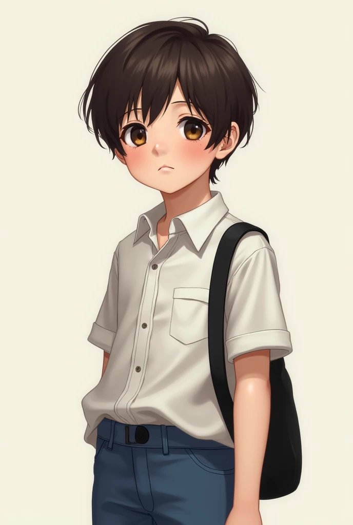 (masterpiece, best quality:1.2), simple background, minimalist background, cowboy shot, solo, 1boy, omorisunny, expressionless, closed mouth, looking at viewer, collared shirt, short sleeves, sweater vest, brown shorts