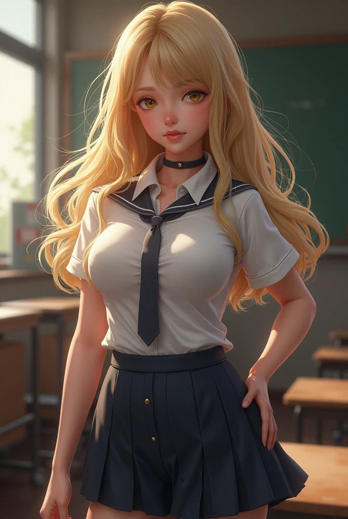 (((Blonde stunning hair))), (blue eyes), blue necklace, Golden earrings, Fit, Gorgeous Body, gorgeous, brown eyebrows, (two moles over lip), big pupils, (23 years old), 1girl,solo, complex skin, warm light, (large breasts), wide thighs, round butt, 5 fingers, ((blushing)), ((detailed face, best quality)), ((masterpiece)), ((ultra-detailed)), (beautiful detailed eyes), red lip, eyeshadow, beautiful face, long hair, very detailed eyes, intricate details in eyes, perfect lips, good lighting, cleavage, from behind pov, show ass, focus on ass, big ass cheeks, round ass, ass directly in camera, classroom background, ((School Uniform skirt a little bit lifted to show ass))