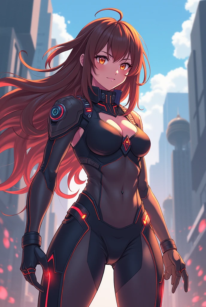 highest quality、Nice sexy body、One Woman、solo、(Beautiful busty woman:1.5)、Medium hair woman、((Woman with dark red hair))、A woman in a mechanical suit、Smiling woman、Future City