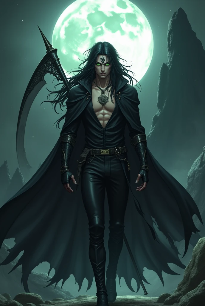masterpiece, best quality, ultra high res, beatiful, stunning, elegant, incredible details, detailed, aura, flying debris, flying feathers, (bright green theme:1.1), perfect drawn face, cinematic lighting, ultra-high quality, 8k, full body, man, long flowing black hair, handsome and delicate face, rainy sky, snow white skin, Black overcoat, no shirt, abs, green details, black pants, looking at viewer, posing, holding sword, dnd, cifer ulquiorra, armed with a glowing green katana, Black gloves, black high boots, (big Demonic black wings:1.2), black crown with horns, Simple background, solo, grin, evil looking, big scar on chest, dark souls style