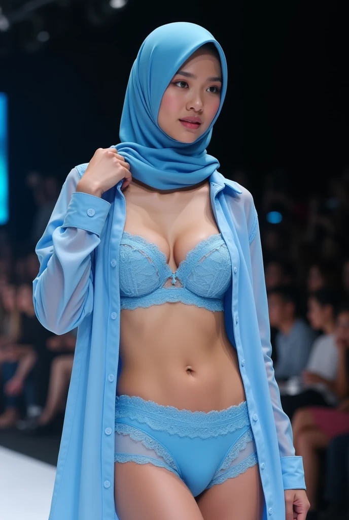 Malay girl wearing hijab, blue floral lace bra and panties in night market, beautiful face, petite body, bright lighting, nighttime,