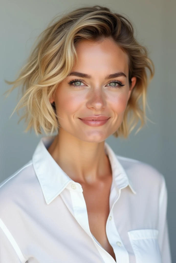 delicate high resolution woman Shortcut Hair Style Beautiful neckline Beautiful posture smile have confidence Left facing breast enhancement Tank top Chest healthy