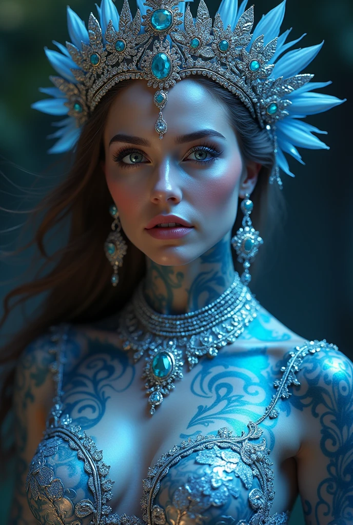 Une fille aux gros seins nues, Bare shoulders, Black hair with blue highlights, jellyfish haircut, long hair, colored Plumes, ornements en métal, colored fleurs, particles, Rayons de lumière, (head of&#39;artwork, superior quality, best quality, art officiel, beautiful and aesthetic:1.2), (1fille:1.3), extremely detailed,(art fractal:1.1),(colored:1.1)(fleurs:1.3),The most detailed,(tangled:1.2), (pose sexuelle), (fond abstrait:1.3), (Metis skin), (colorful :1.4), ,(loops of&#39;ears:1.4), (Plumes:1.4), (NSFW), (Toute nue), (excited), (in heat), (Hot), (slender waist), (sexly), (Buttocks), (submitted)