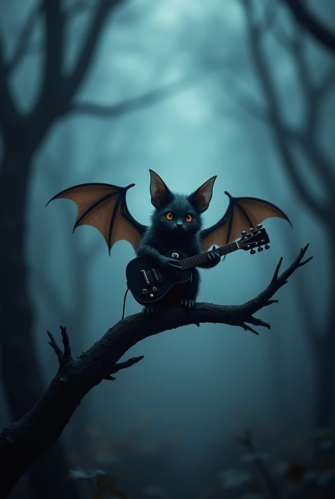 Create a vibrant and spookily fun Halloween-themed design. The centerpiece should be a humanoid figure with a carved pumpkin head sporting a mischievous grin. This character should be playing an electric guitar, with details like cables, amplifiers, and sparks of energy around them. The guitar can feature Halloween-themed elements, such as cobwebs and bats. The scene should have a rock concert atmosphere, with dramatic lighting and an audience of supernatural creatures, such as ghosts and zombies, watching the performance. Colors should be bold and contrasting, mainly using shades of orange, black, purple, and lime green.