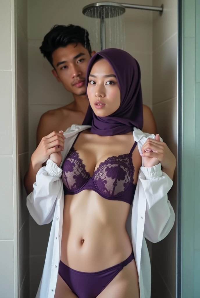 (masterpiece, best quality:1.2), cowboy shot, 1 malay girl and 1 malay boy, malay girl age 18, malay boy age 20, smile, big grin, big laugh, looking at viewer, hand on hip, girl wearing narrow black color hijab, chubby body, fat body, big ass, big buttock, wide hip, bend over showing big buttock on bed, fat on abs, plump thigh, sweating body, cute girl posing naked, nude body, naked body, no clothes, boy nude behind girl, boy have big penis, in Malaysian student room, books on bed,