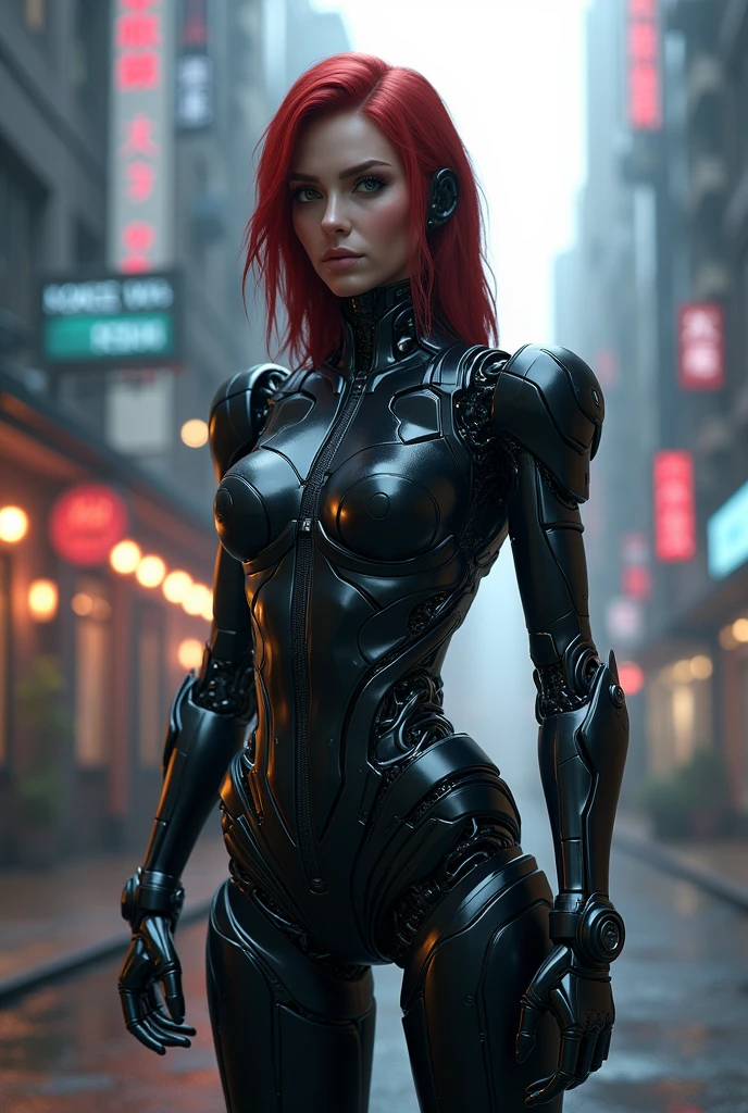 A voluptuous female android, hyper-realistic, crimson hair, red eyes, futuristic cyberpunk clothing, highly detailed, intricate mechanical design, elegant pose, striking the perfect balance between technology and grace, cinematic lighting, vibrant color palette, dramatic chiaroscuro, photorealistic, 8k, high resolution, masterpiece, concept art.