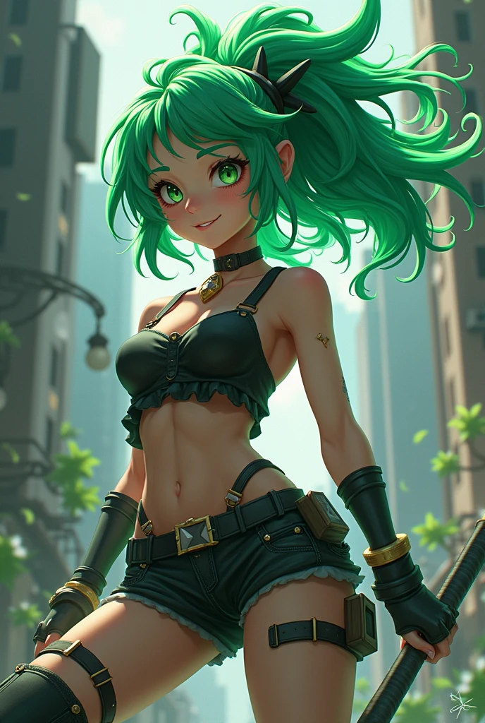 BLACKLIGHT, ((NSFW)), realistic art, extremely delicate and beautiful, ultra-detailed, (1girl), blue eyes, floating, detailed light, illustration, dynamic angle, depth of field, ((((milf)))), girly, long hair, ((green and black hair, multicoloured hair, green highlights hair, twin tails, hair ornament, hair flower, flower, makeup, braid, smile)), vampire eyes, showing fangs, pale white skin, (((blue jeans, Black leather jacket, green crop top, goth boots, long hair, navel, choker, smile, jewelry, earrings))), (ultra high res, best quality,), (8k, raw photo, best quality, masterpiece), technological sense, best quality, masterpiece, illustration,CG ,unity ,wallpaper, official art, Amazing, finely detail, an extremely delicate and beautiful,extremely detailed, highly detailed, sharp focus,rich background, (real person,photograph), ((high detailed skin)),